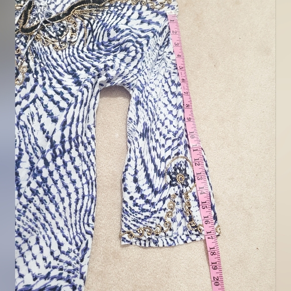 Soft Surroundings Beaded Tie Neck Tunic Blue White Rayon Boho Resort Top Large - Picture 10 of 12